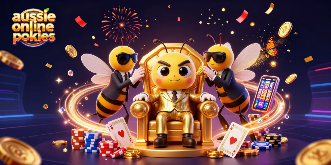 Play aussie online pokies with excitement as characters celebrate around a vibrant casino scene.