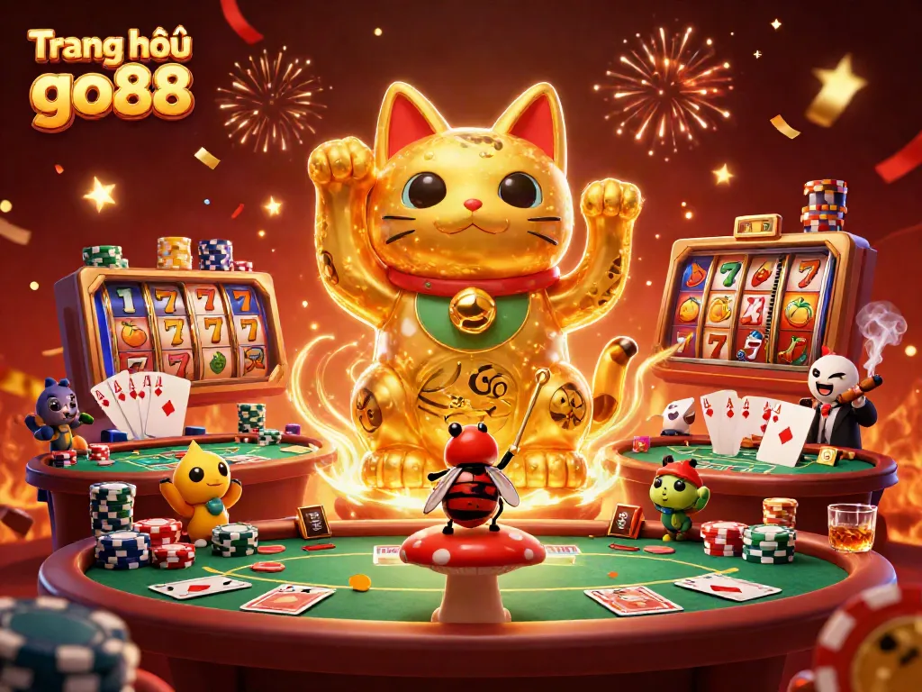 Experience the energy of Trang chủ go88 with vibrant casino elements and a playful lucky cat illustration.