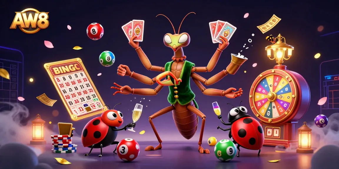 AW8 gaming scene featuring a giant praying mantis card dealer with dynamic bingo elements.