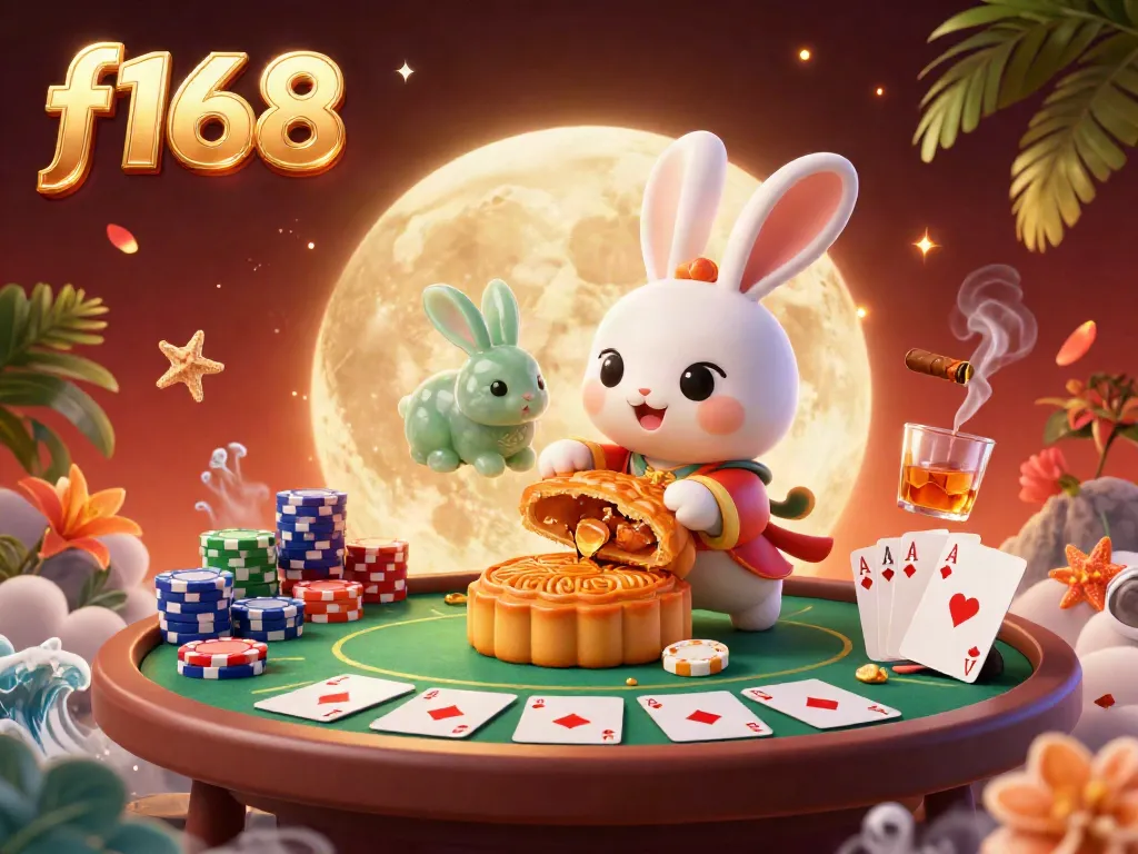 Experience the enchanting f168 casino scene with a moon rabbit and exciting poker dynamics.