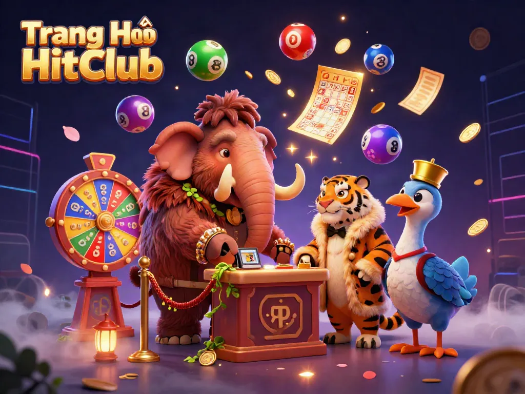 Engage in thrilling fun at Trang Chủ HitClub with vibrant lottery balls and energetic casino characters.