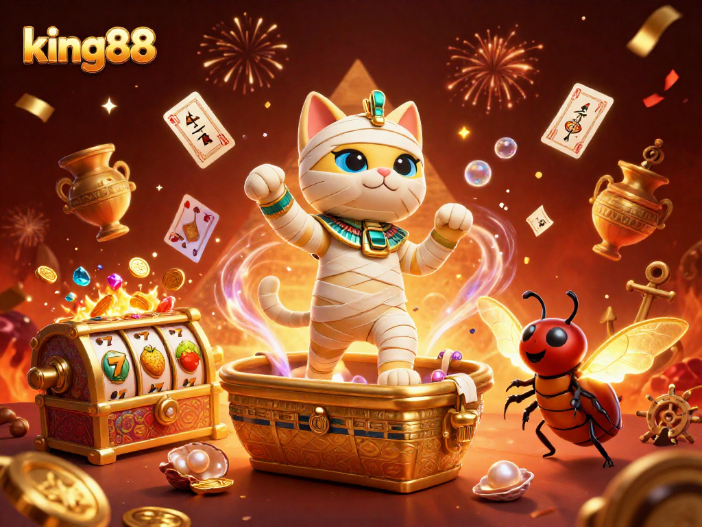 Encounter thrilling slot action in king88's vibrant pyramid casino illustration featuring a mummy cat.