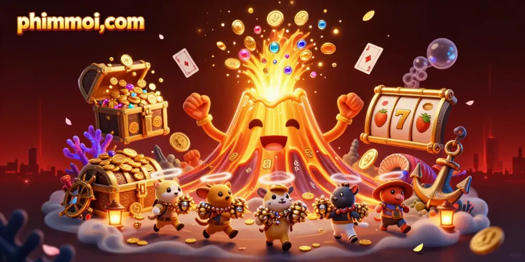 Engage with phimmoi,com’s thrilling casino adventure showing a golden volcano rewarding players with treasures.