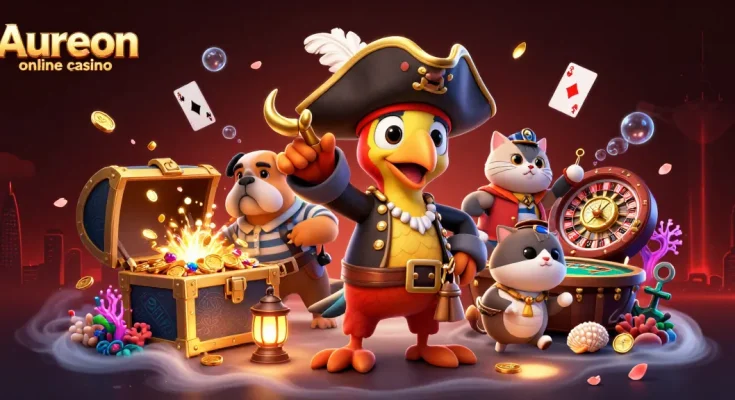 Aureon online casino showcases a dynamic pirate-themed illustration with vibrant gambling elements.