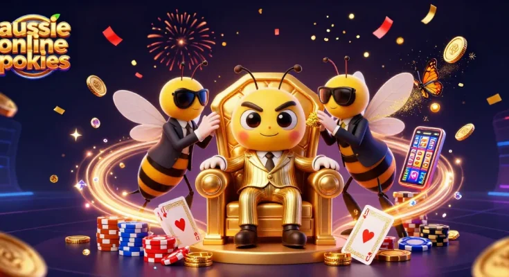 Play aussie online pokies with excitement as characters celebrate around a vibrant casino scene.